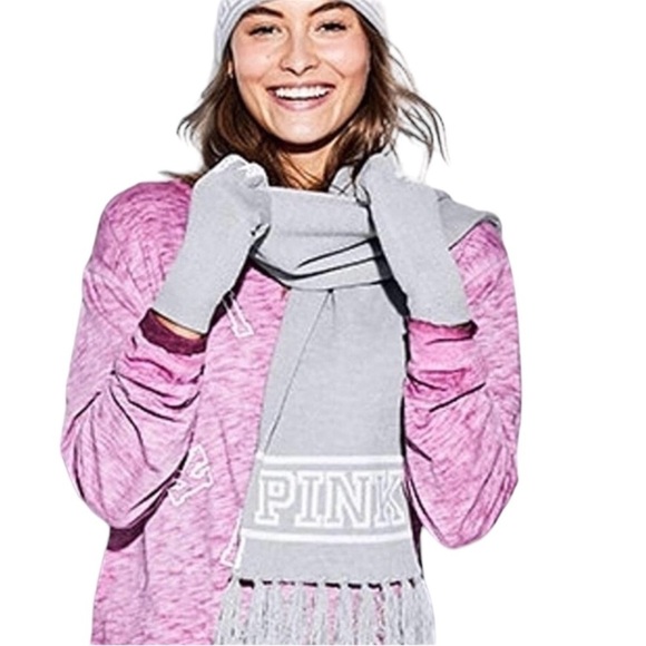 PINK Victoria's Secret Accessories - PINK VICTORIA’S SECRET Spellout Knit Scarf w/ Tassels in Gray/White
